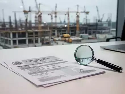 Offizieller Ausweis auf einem Schreibtisch neben einer Lupe mit einem unscharfen Baustellenhintergrund. - Foto: über boerse-global.de