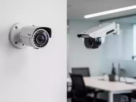 Eine moderne Überwachungskamera an der Wand in einem minimalistischen, professionellen Büro. - Foto: über boerse-global.de