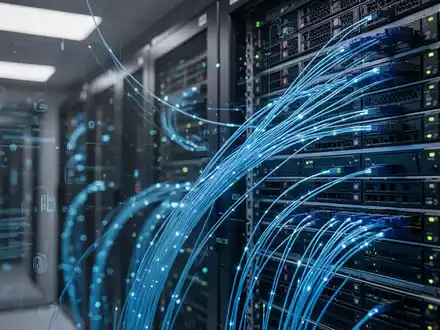 Moderner Serverraum mit leuchtenden Glasfaserkabeln, die fortschrittliche KI-Infrastruktur darstellen. - Foto: über boerse-global.de