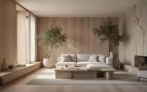 Minimalistisch gestalteter Wohnraum mit natürlichen Materialien und Zimmerpflanzen für eine beruhigende Atmosphäre. - Foto: über boerse-global.de