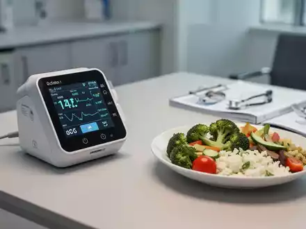 Ein medizinisches Monitoring-Gerät neben einer gesunden Mahlzeit in einer professionellen Praxisumgebung. - Foto: über boerse-global.de