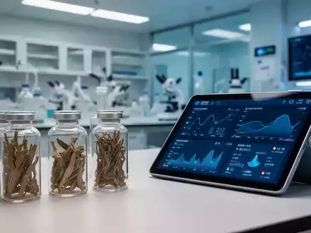 Modernes medizinisches Labor mit traditionellen Kräuterextrakten und digitalen Analysedaten auf einem Tablet. - Foto: über boerse-global.de