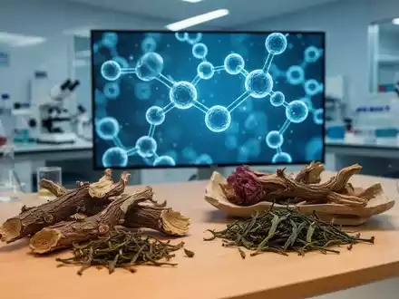 Molekulare Strukturen neben traditionellen Heilpflanzen und Wurzeln in einem modernen medizinischen Labor. - Foto: über boerse-global.de