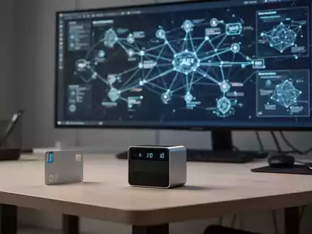 Schlankes digitales Aufnahmegerät auf einem Schreibtisch vor einem Monitor mit komplexem räumlichem KI-Whiteboard-Interface. - Foto: über boerse-global.de