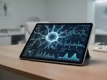 Modernes Tablet mit neuronalen Datenvisualisierungen und biometrischen Grafiken in einer professionellen Büroumgebung. - Foto: über boerse-global.de