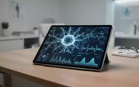 Modernes Tablet mit neuronalen Datenvisualisierungen und biometrischen Grafiken in einer professionellen Büroumgebung. - Foto: über boerse-global.de