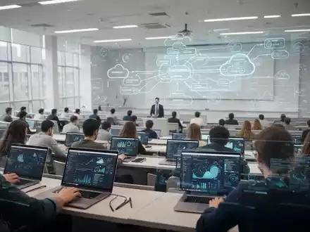 Studenten arbeiten an Laptops in einem modernen Hörsaal, konzentrieren sich auf digitale Fähigkeiten und Technologietraining. - Foto: über boerse-global.de