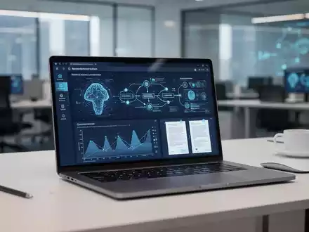Moderner Büroarbeitsplatz mit Laptop, auf dem Datenvisualisierungen zur KI-gestützten Dokumentenautomatisierung zu sehen sind. - Foto: über boerse-global.de