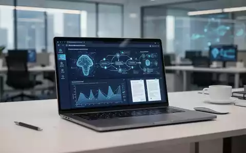 Moderner Büroarbeitsplatz mit Laptop, auf dem Datenvisualisierungen zur KI-gestützten Dokumentenautomatisierung zu sehen sind. - Foto: über boerse-global.de