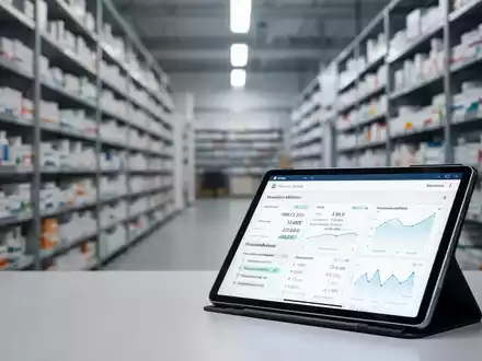 Verwischtes Pharma-Logistikzentrum mit Tablet im Vordergrund, das digitale Daten anzeigt. - Foto: über boerse-global.de