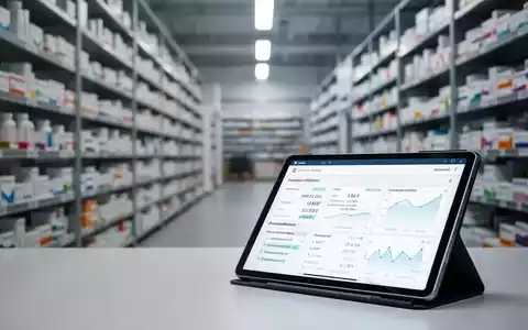 Verwischtes Pharma-Logistikzentrum mit Tablet im Vordergrund, das digitale Daten anzeigt. - Foto: über boerse-global.de