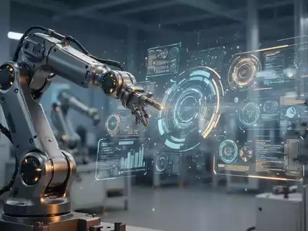 Futuristischer Roboterarm interagiert mit einer digitalen Datenschnittstelle vor einem verschwommenen Hightech-Hintergrund. - Foto: über boerse-global.de