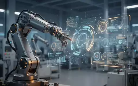 Futuristischer Roboterarm interagiert mit einer digitalen Datenschnittstelle vor einem verschwommenen Hightech-Hintergrund. - Foto: über boerse-global.de