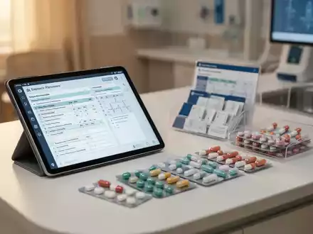 Digitales Tablet und Medikamentenverpackungen in einem modernen Pflegeheim zur Darstellung der digitalen Arzneimittelversorgung. - Foto: über boerse-global.de