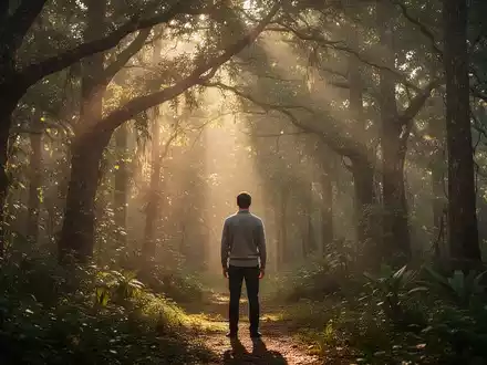 Eine Person steht in einem sonnendurchfluteten Wald und blickt in die Natur, symbolisch für psychische Stabilität. - Foto: über boerse-global.de