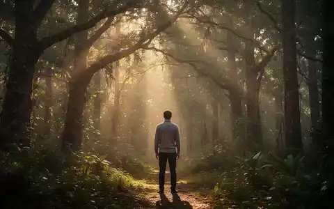 Eine Person steht in einem sonnendurchfluteten Wald und blickt in die Natur, symbolisch für psychische Stabilität. - Foto: über boerse-global.de