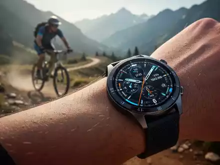Nahaufnahme einer Smartwatch am Handgelenk, verschwommener Mountainbike-Trail im Hintergrund. - Foto: über boerse-global.de
