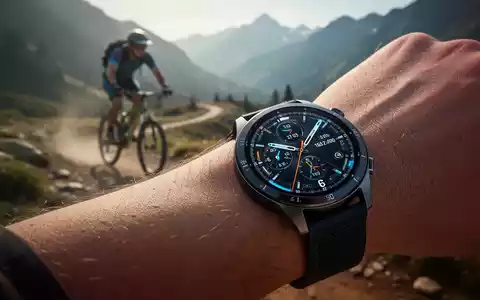 Nahaufnahme einer Smartwatch am Handgelenk, verschwommener Mountainbike-Trail im Hintergrund. - Foto: über boerse-global.de