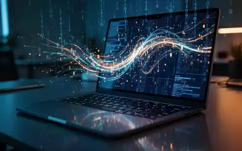 Laptop-Bildschirm mit digitalen Datenströmen in einem gedimmten, professionellen Büro. - Foto: über boerse-global.de