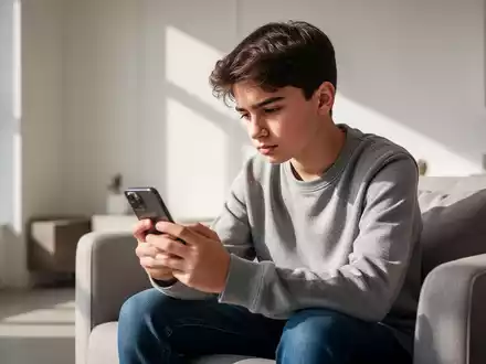 Nachdenklicher Jugendlicher mit Smartphone in einem modern beleuchteten Raum. - Foto: ĂŒber boerse-global.de