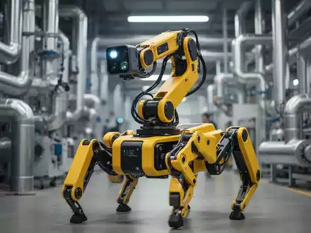 Gelber vierbeiniger Inspektionsroboter in einer modernen Industrieanlage mit Stahlrohren. - Foto: über boerse-global.de