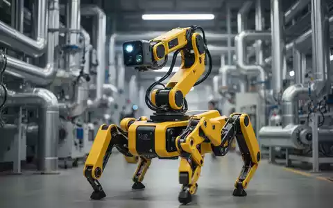 Gelber vierbeiniger Inspektionsroboter in einer modernen Industrieanlage mit Stahlrohren. - Foto: über boerse-global.de