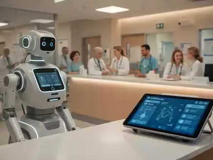 Ein moderner Pflegestützpunkt mit einem Assistenzroboter und digitaler Technik zur Unterstützung der Pflegekräfte. - Foto: über boerse-global.de
