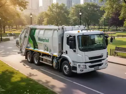 Ein modernes Müllfahrzeug bei der Entsorgung in einem sonnigen Stadtpark an einem Sommertag. - Foto: über boerse-global.de