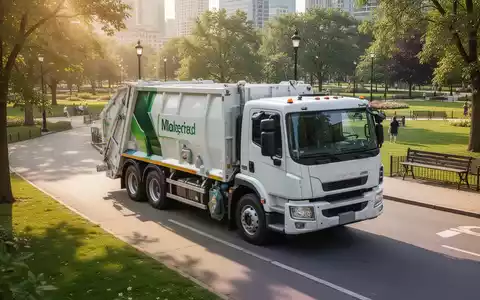Ein modernes Müllfahrzeug bei der Entsorgung in einem sonnigen Stadtpark an einem Sommertag. - Foto: über boerse-global.de