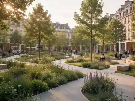 Moderner, nachhaltiger Stadtpark mit üppigen Grünflächen, Bäumen und Fußwegen bei goldenem Sonnenlicht. - Foto: über boerse-global.de