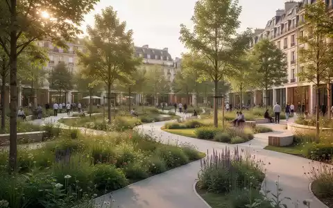 Moderner, nachhaltiger Stadtpark mit üppigen Grünflächen, Bäumen und Fußwegen bei goldenem Sonnenlicht. - Foto: über boerse-global.de