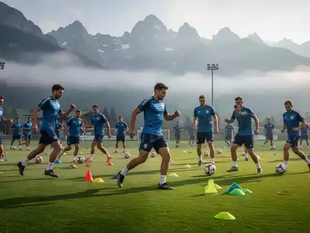 Profifußballer beim Sommertrainingslager vor einer alpinen Bergkulisse. - Foto: über boerse-global.de