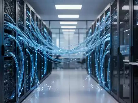 Moderner High-Tech-Serverraum mit leuchtenden blauen Glasfaserkabeln, die Cloud-Computing und KI-Infrastruktur darstellen. - Foto: über boerse-global.de