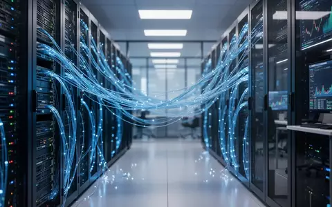 Moderner High-Tech-Serverraum mit leuchtenden blauen Glasfaserkabeln, die Cloud-Computing und KI-Infrastruktur darstellen. - Foto: über boerse-global.de