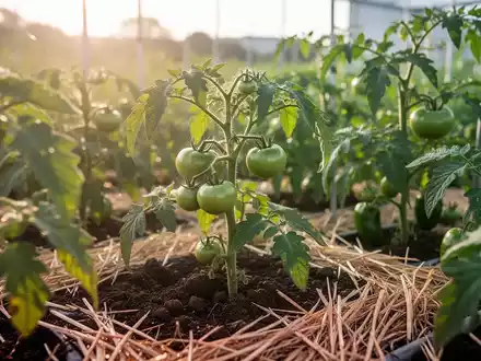 Nahaufnahme einer Tomatenpflanze mit Strohmulch auf einem nachhaltigen Gemüsefeld bei natürlichem Tageslicht. - Foto: über boerse-global.de
