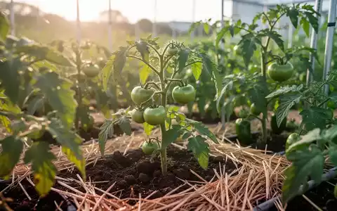Nahaufnahme einer Tomatenpflanze mit Strohmulch auf einem nachhaltigen Gemüsefeld bei natürlichem Tageslicht. - Foto: über boerse-global.de