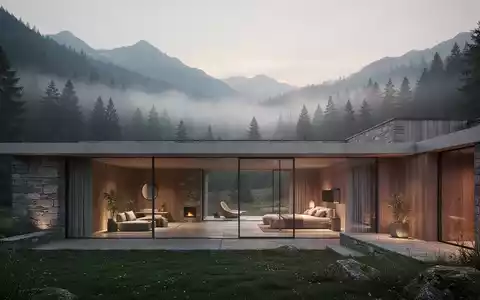 Modernes Wellness-Retreat in einer ruhigen Berglandschaft umgeben von Wald bei Sonnenaufgang. - Foto: über boerse-global.de