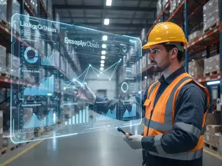 Ein Fabrikarbeiter interagiert in einer modernen Produktionsumgebung mit einer digitalen KI-Schnittstelle für Logistikdaten. - Foto: über boerse-global.de