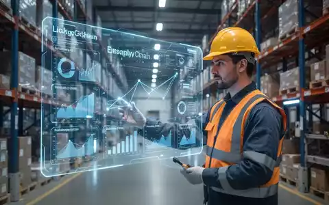 Ein Fabrikarbeiter interagiert in einer modernen Produktionsumgebung mit einer digitalen KI-Schnittstelle für Logistikdaten. - Foto: über boerse-global.de