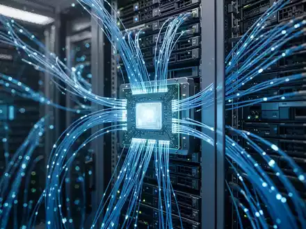 Leuchtende Serverreihen in einem High-Tech-Rechenzentrum, das den globalen KI-Wettbewerb symbolisiert. - Foto: über boerse-global.de