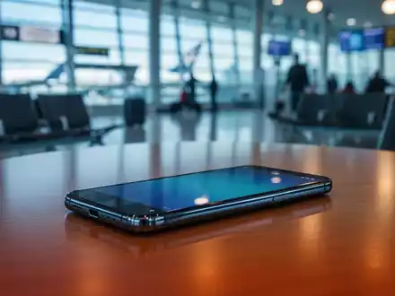 Ein modernes Smartphone liegt auf einem Tisch in einem belebten Reisezentrum, symbolisch für die Sicherheit auf Reisen. - Foto: über boerse-global.de
