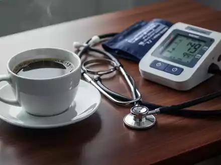 Eine Tasse schwarzer Kaffee neben einem medizinischen Stethoskop und einem BlutdruckmessgerĂ€t auf einem Holztisch. - Foto: ĂŒber boerse-global.de
