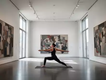 Eine Person praktiziert Yoga inmitten eines modernen Kunstmuseums mit abstrakten Gemälden an den Wänden. - Foto: über boerse-global.de