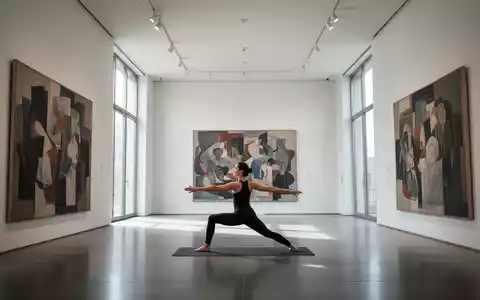 Eine Person praktiziert Yoga inmitten eines modernen Kunstmuseums mit abstrakten Gemälden an den Wänden. - Foto: über boerse-global.de