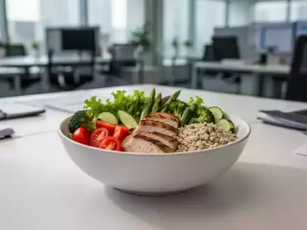 Ein gesundes, ausgewogenes Mittagessen bestehend aus frischem Gemüse und Proteinen auf einem modernen Schreibtisch. - Foto: über boerse-global.de