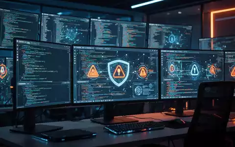 Mehrere Computerbildschirme in einem modernen Sicherheitszentrum zeigen komplexe Netzwerkdaten und Sicherheitshinweise. - Foto: über boerse-global.de