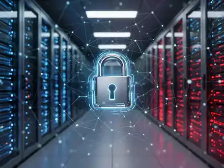 Digitale Sicherheit und Cyber-Bedrohungen: Ein abstraktes Netzwerk-Grid mit einem digitalen Vorhängeschloss vor Servern. - Foto: über boerse-global.de