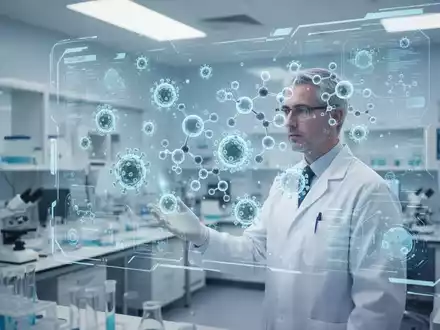 Wissenschaftler in einem modernen Labor betrachtet eine holografische Darstellung molekularer Strukturen. - Foto: über boerse-global.de