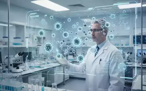 Wissenschaftler in einem modernen Labor betrachtet eine holografische Darstellung molekularer Strukturen. - Foto: über boerse-global.de