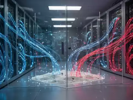 Hochtechnologischer Serverraum mit leuchtenden Glasfaserkabeln hinter einer Glaswand, die eine KI-Sandbox-Umgebung darstellt. - Foto: über boerse-global.de